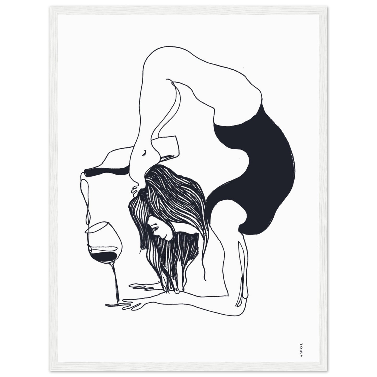 Funny Black And White Yoga Art Print In Wooden Frame With Wine And Balance Yoga Pose