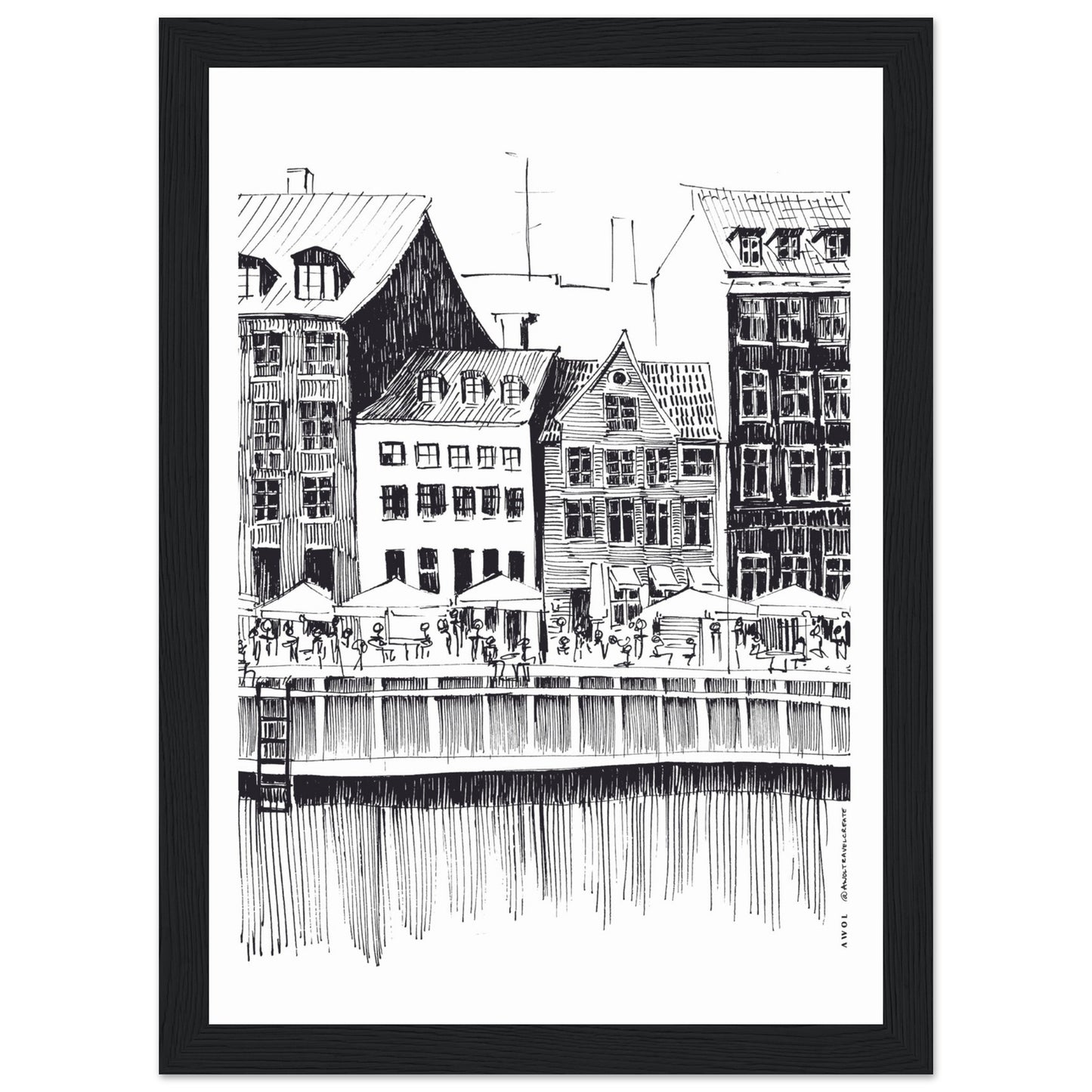 Saturday Afternoon With Cafés And Historic Houses In Copenhagen, Wooden Framed Art Print On Premium Paper