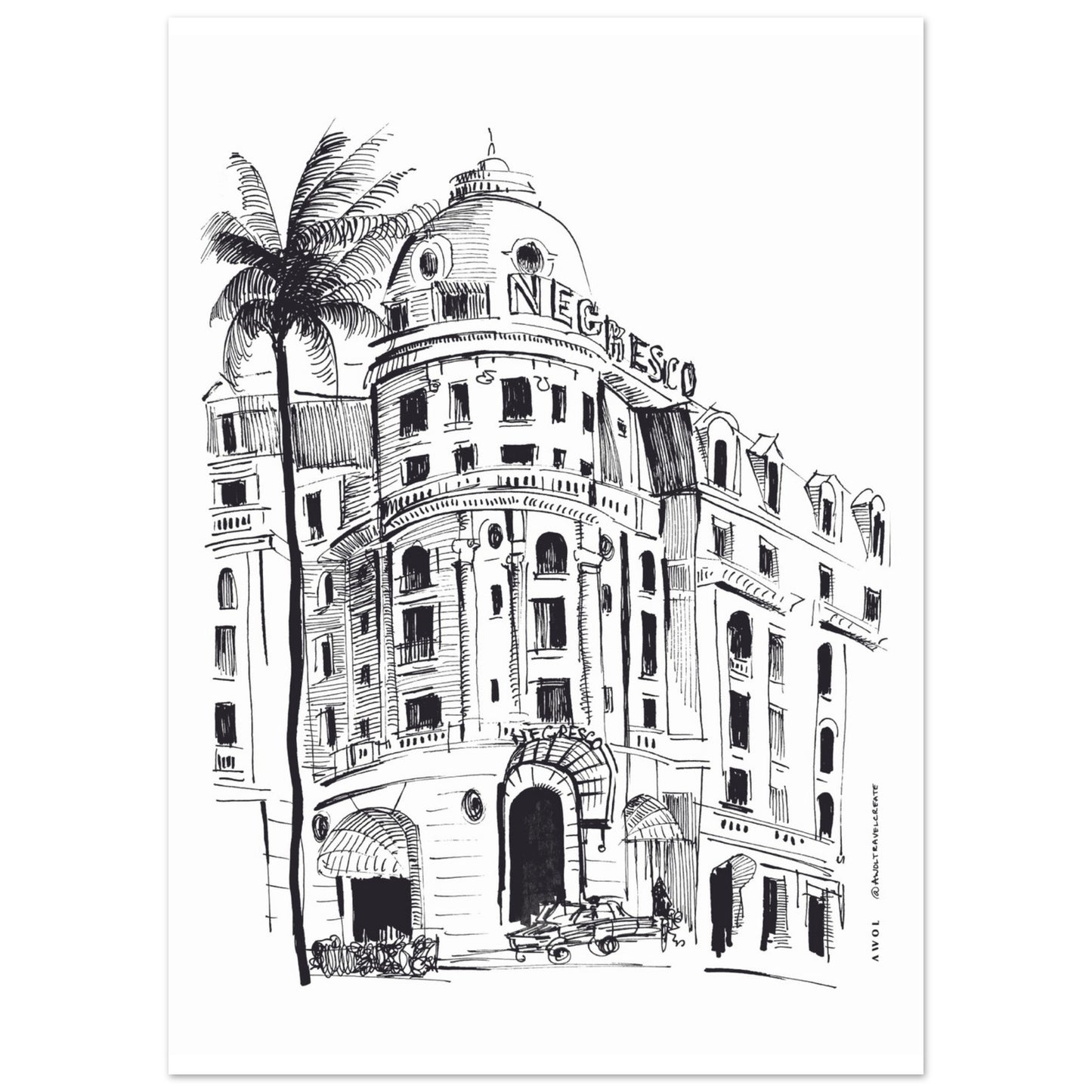 French Riviera Glamour With Palm Trees Art Print: Negresco Hotel Poster Print