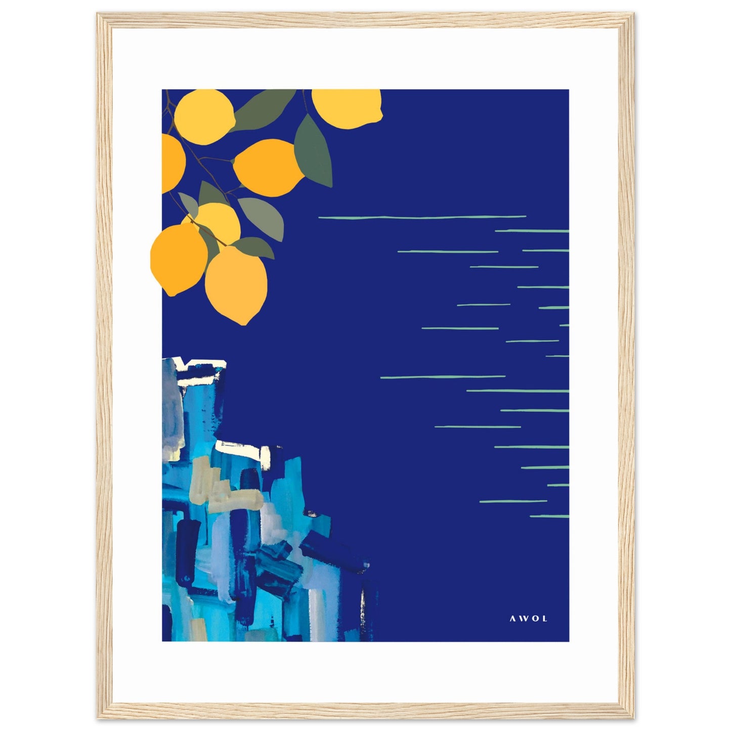Mediterranean Blues: Landscape Art With Lemons By The Sea, Wooden Framed Art Print