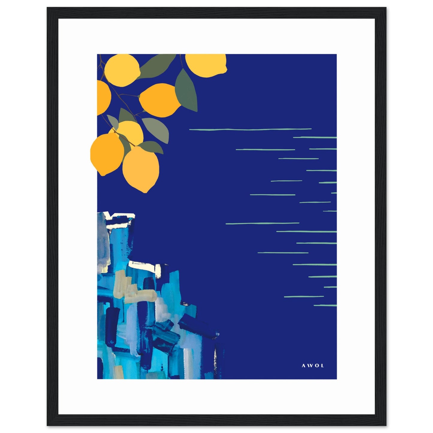 Mediterranean Blues: Landscape Art With Lemons By The Sea, Wooden Framed Art Print
