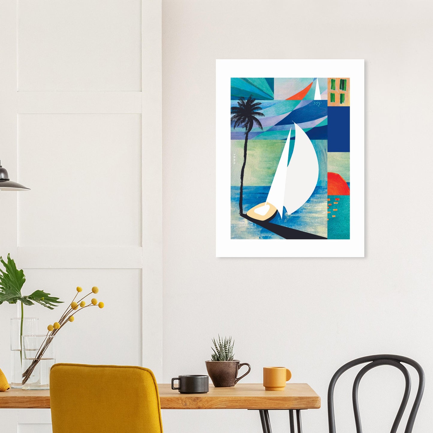 Tropical Art Print, Sunrise, Sail Boat and Palm Trees: Poster Print