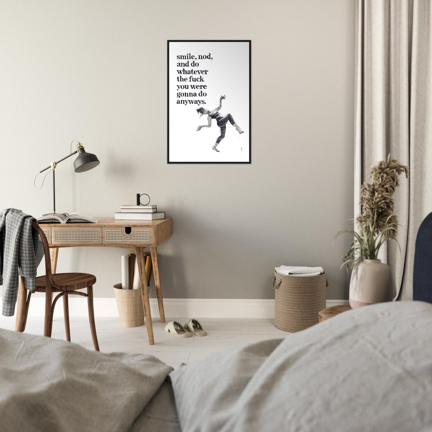 Smile And Nod, Dancing Woman With Funny Quote: Framed Art Print