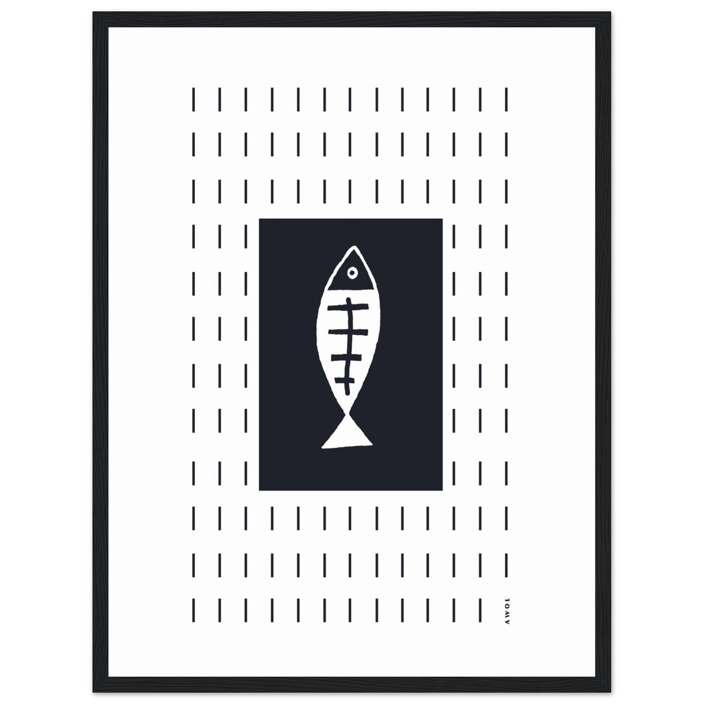 Minimalist Fish Art Abstraction In Rain Pattern, Black and White Framed Art Print