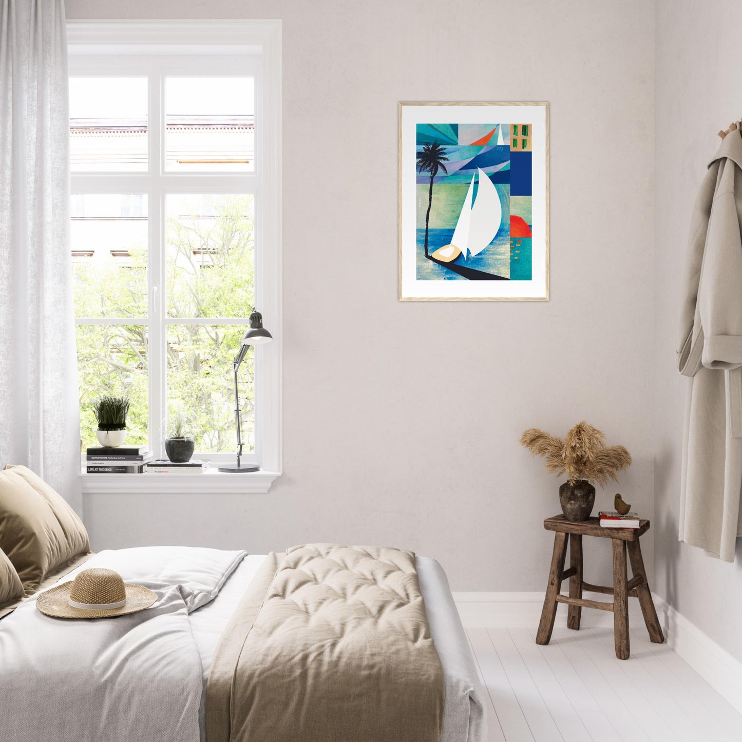 Sunrise, Sailboat And Palm Tree Beach, Sea Art : Framed Art Print