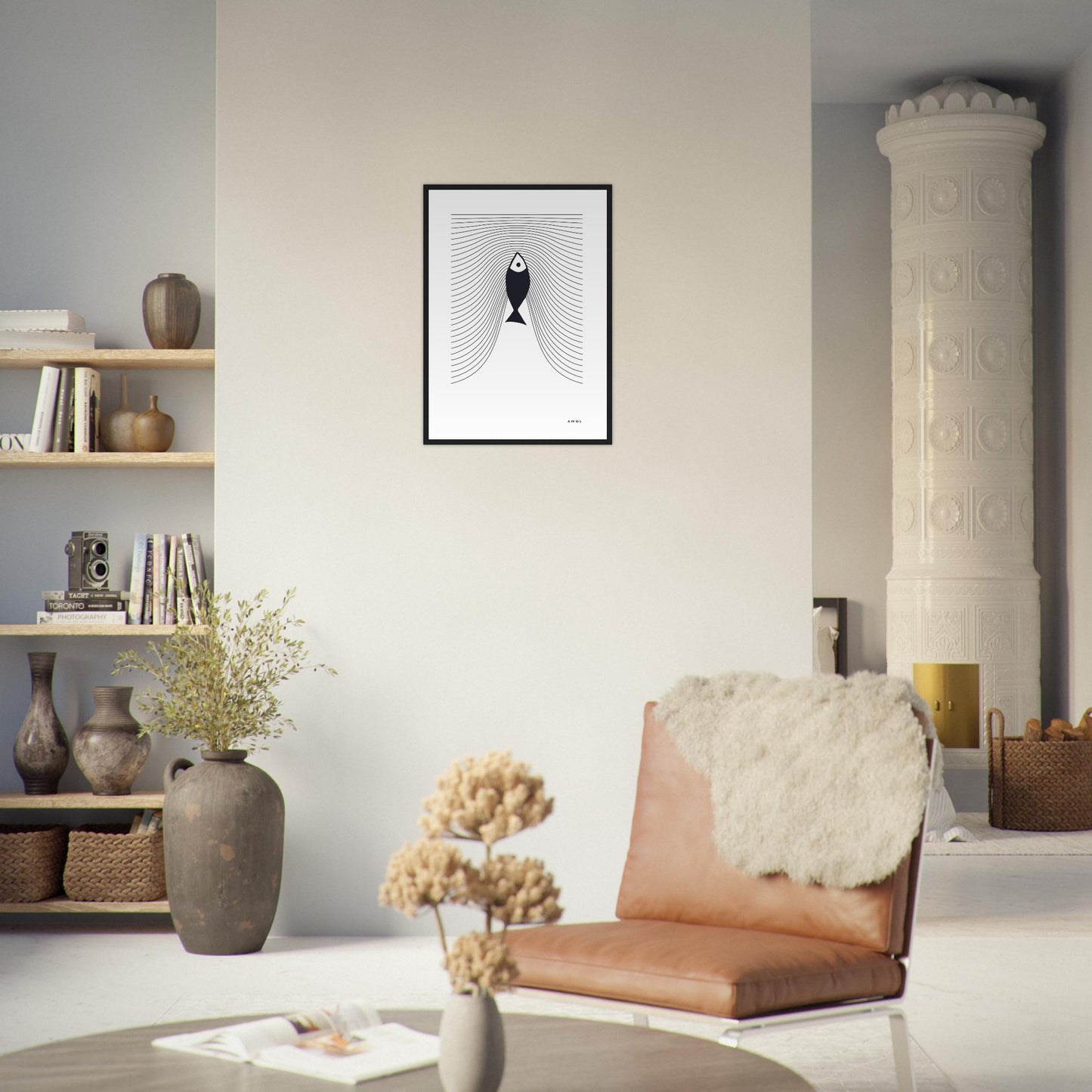 Minimalist Fish Swimming Upstream, Scandinavian Wall Art, Framed Art Print
