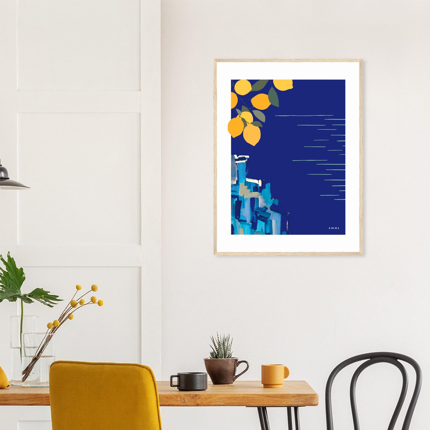 Mediterranean Blues: Landscape Art With Lemons By The Sea, Wooden Framed Art Print