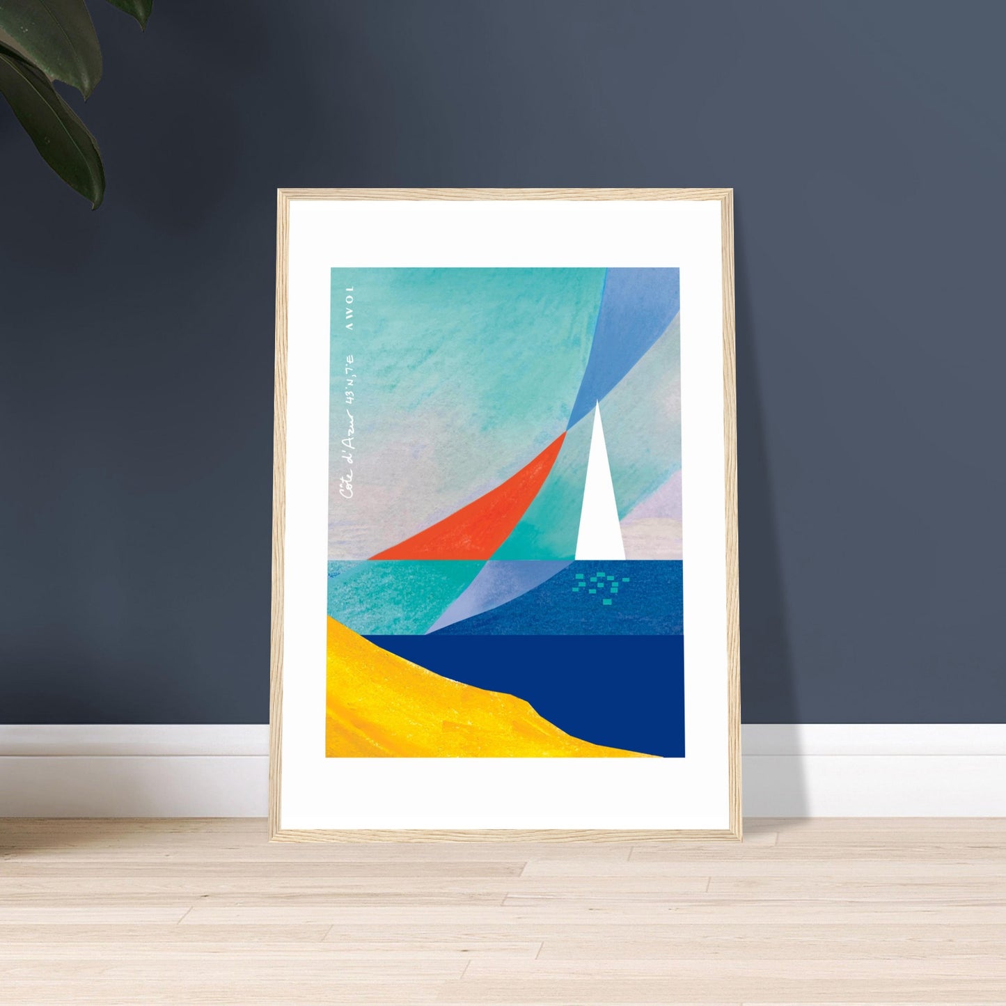 Sea And Sailboat Abstraction Art Of The Mediterranean Sea, French Riviera Nautical Art Print: Wooden Framed Poster Print