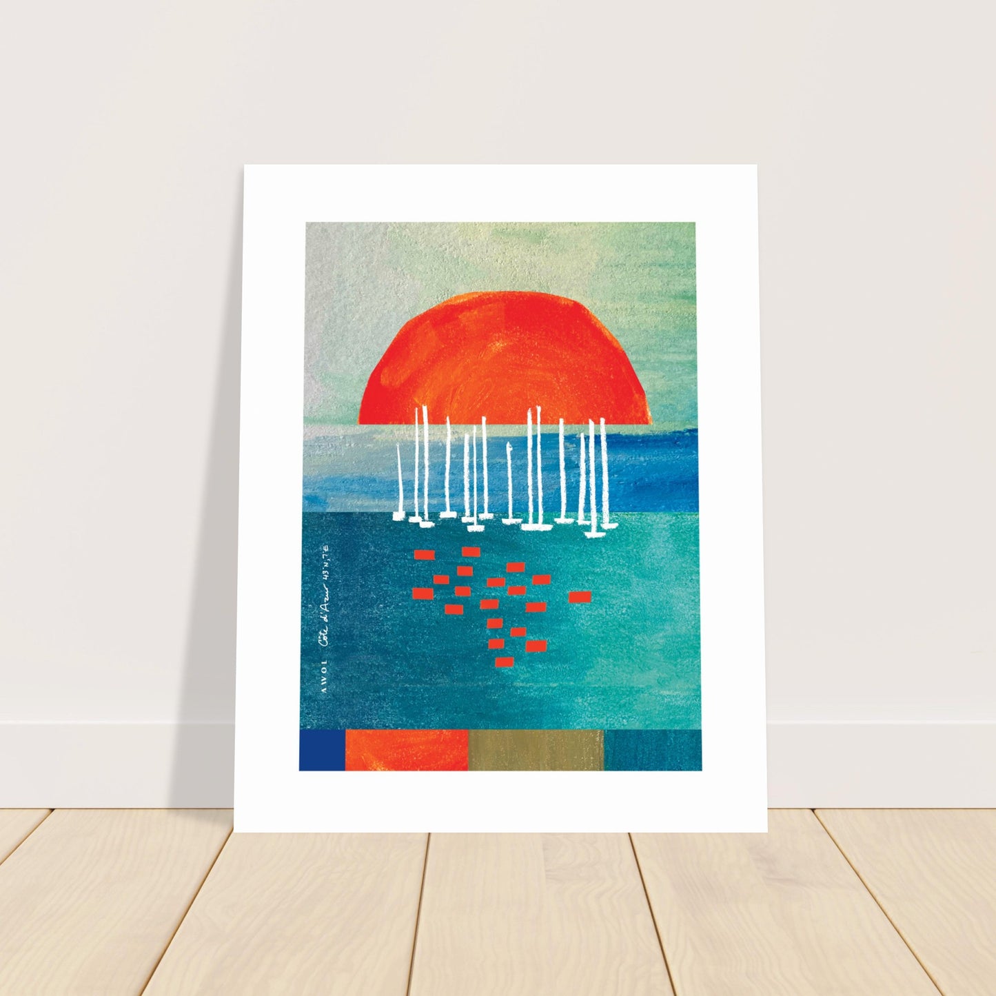 Orange Sunrise Over Blue Sea, Water Reflections And Sailboats: Poster Print