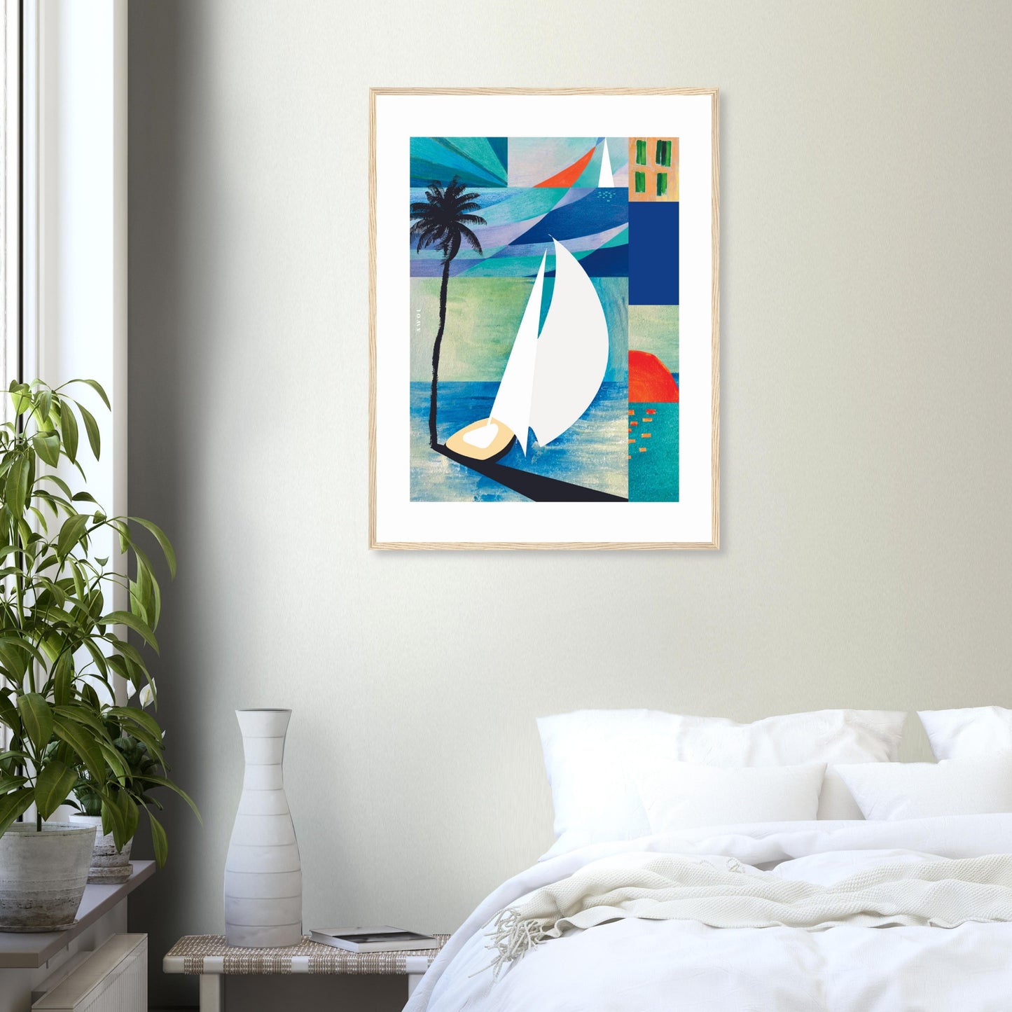 Sunrise, Sailboat And Palm Tree Beach, Sea Art : Framed Art Print