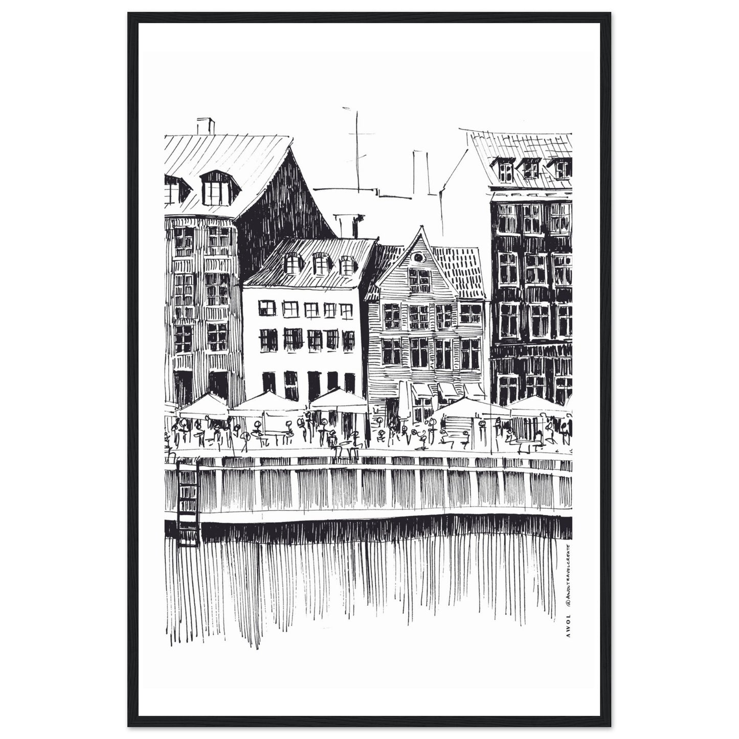 Saturday Afternoon With Cafés And Historic Houses In Copenhagen, Wooden Framed Art Print On Premium Paper