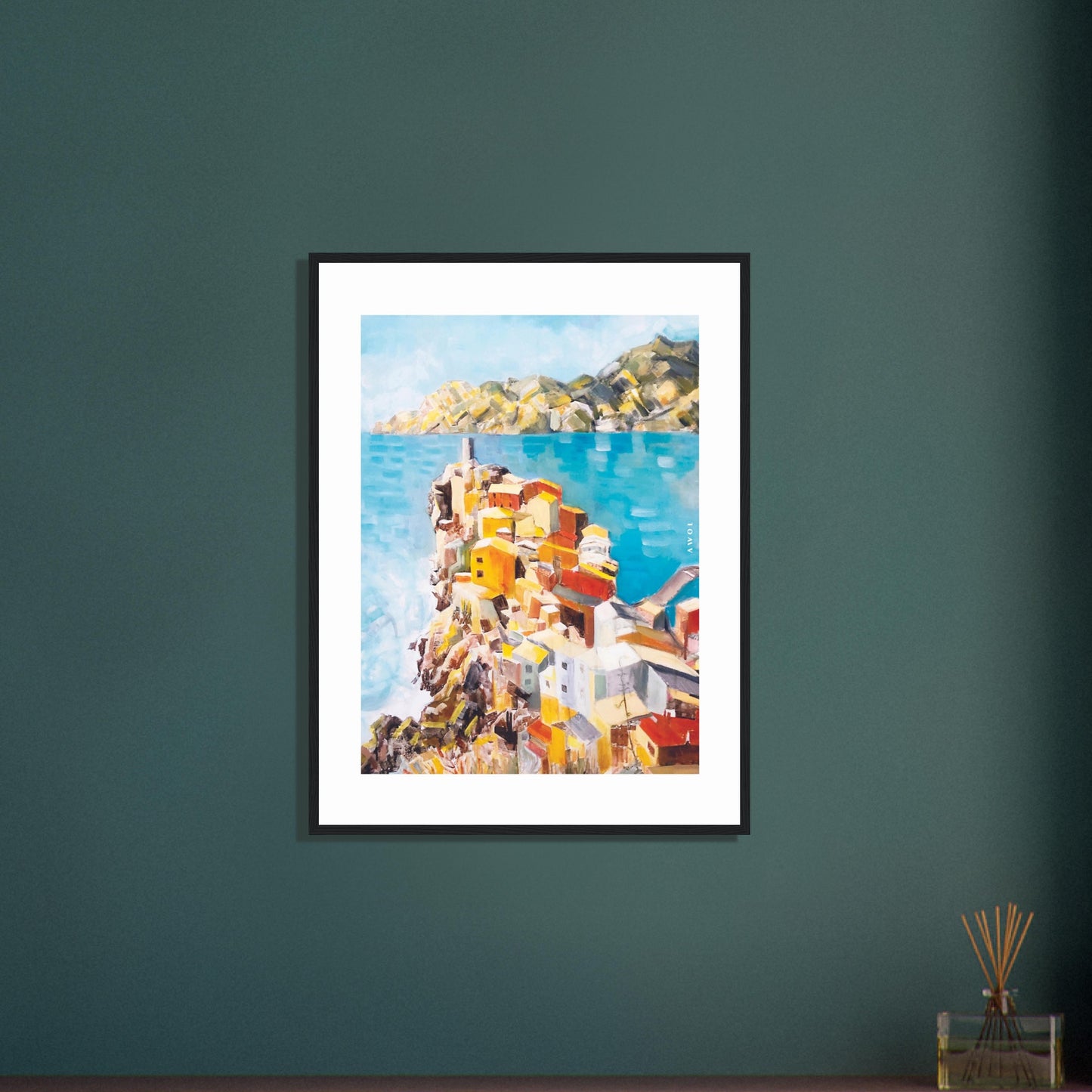 Colourful Town On A Cliff By The Sea In Italy: Italian Riviera Framed Art Print