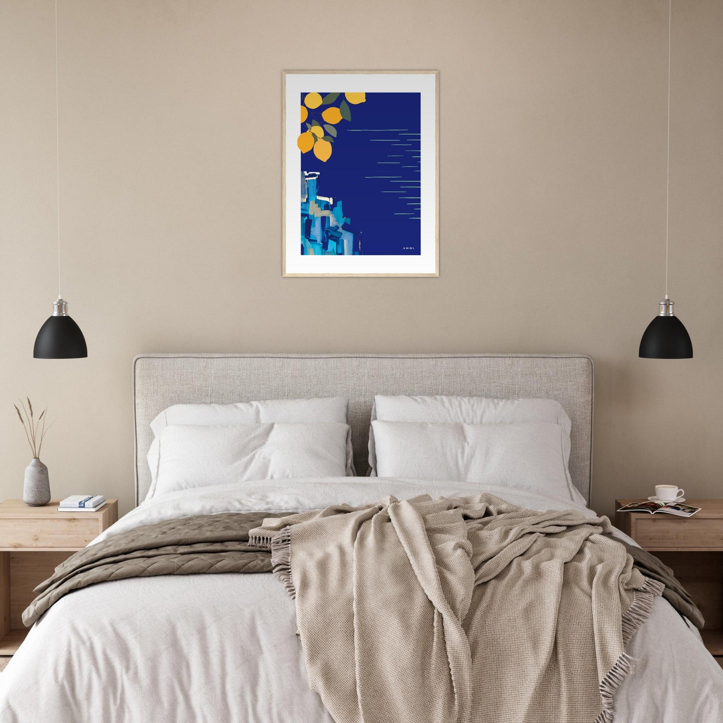 Mediterranean Blues: Landscape Art With Lemons By The Sea, Wooden Framed Art Print