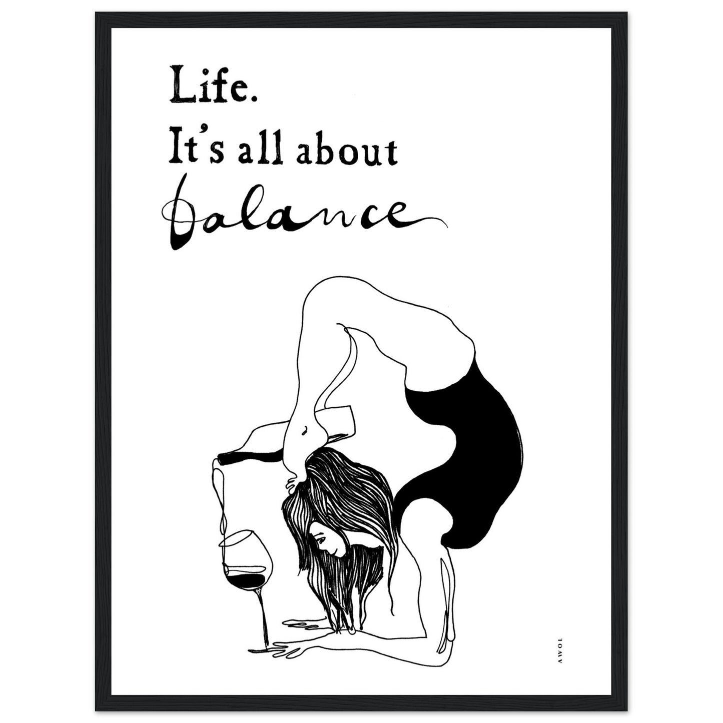 Yoga Art Print With Yoga Pose, Wine And Balance: Framed Art Print
