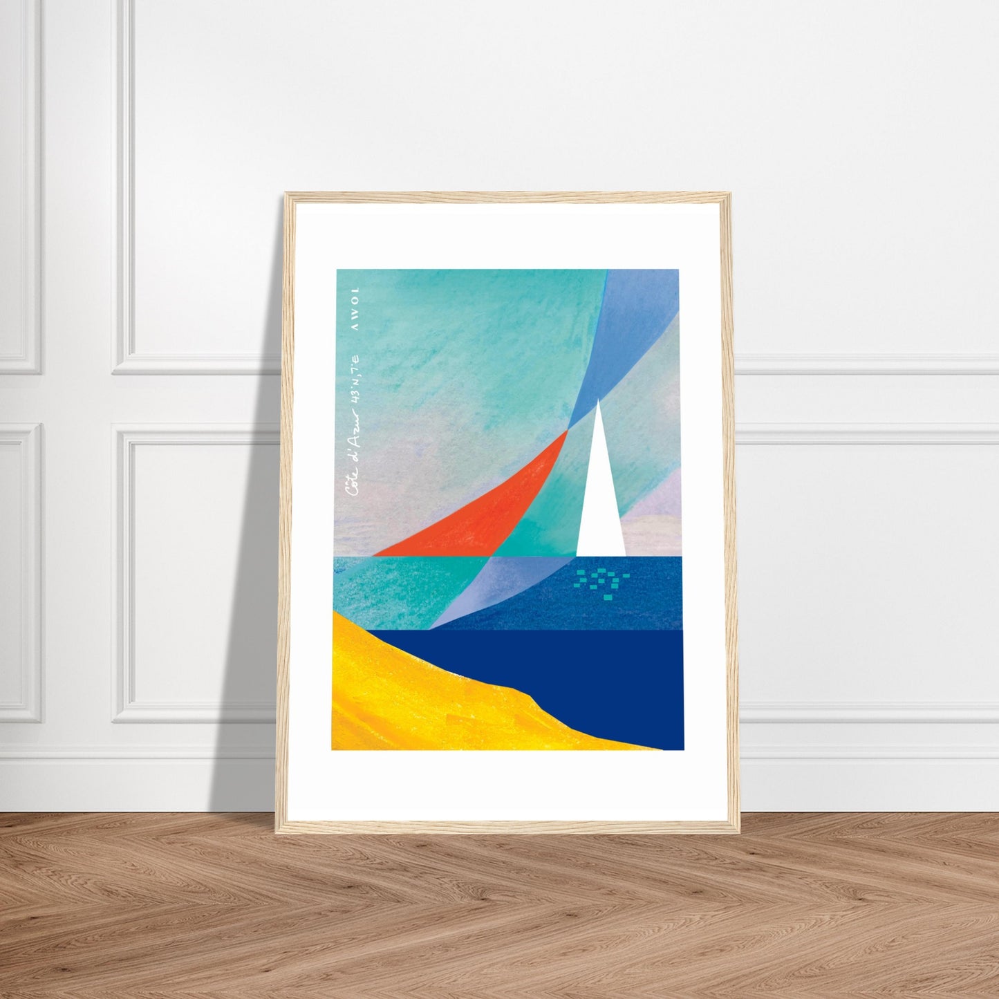 Sea And Sailboat Abstraction Art Of The Mediterranean Sea, French Riviera Nautical Art Print: Wooden Framed Poster Print