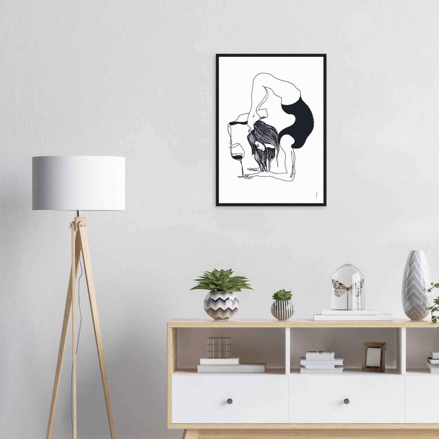 Funny Black And White Yoga Art Print In Wooden Frame With Wine And Balance Yoga Pose