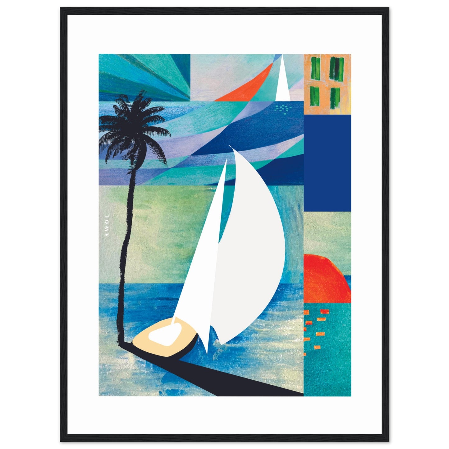 Sunrise, Sailboat And Palm Tree Beach, Sea Art : Framed Art Print