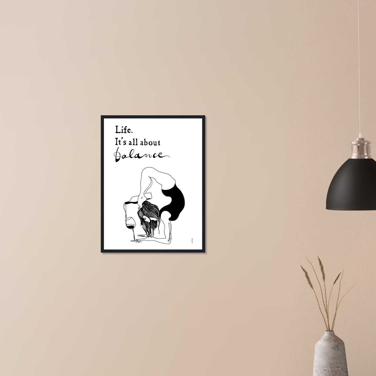 Yoga Art Print With Yoga Pose, Wine And Balance: Framed Art Print