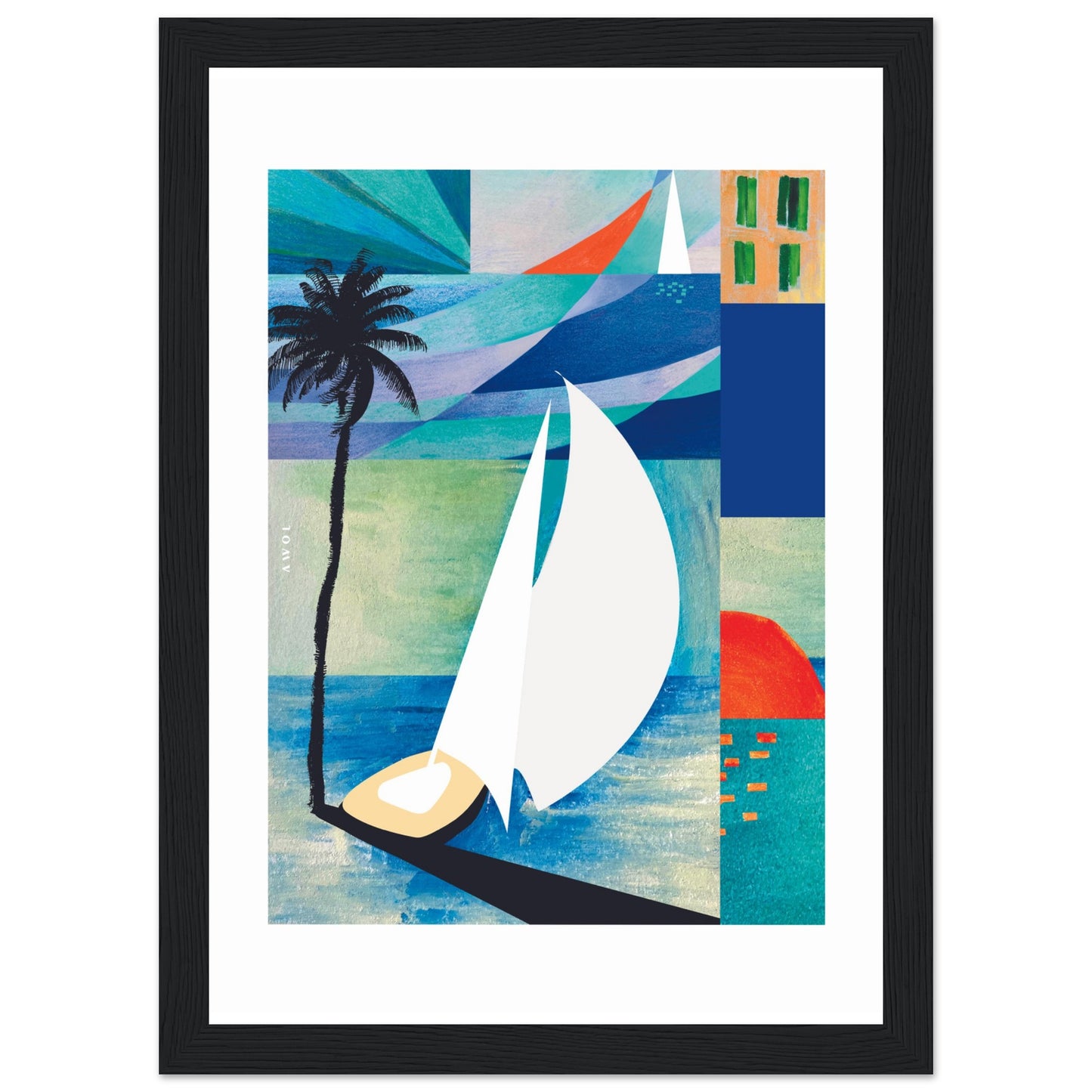Sunrise, Sailboat And Palm Tree Beach, Sea Art : Framed Art Print