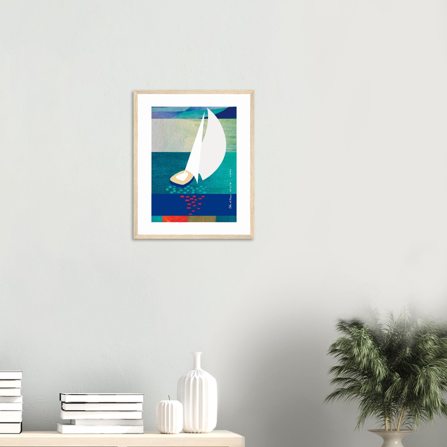 White Sailboat At Sunset On The Sea With Graphic Reflection: French Rivera: Classic Matte Paper Wooden Framed Poster
