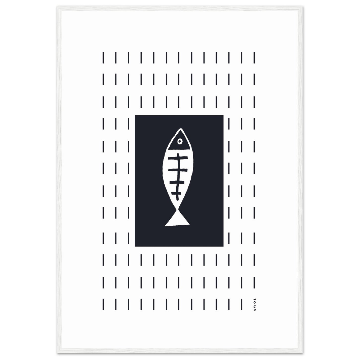Minimalist Fish Art Abstraction In Rain Pattern, Black and White Framed Art Print