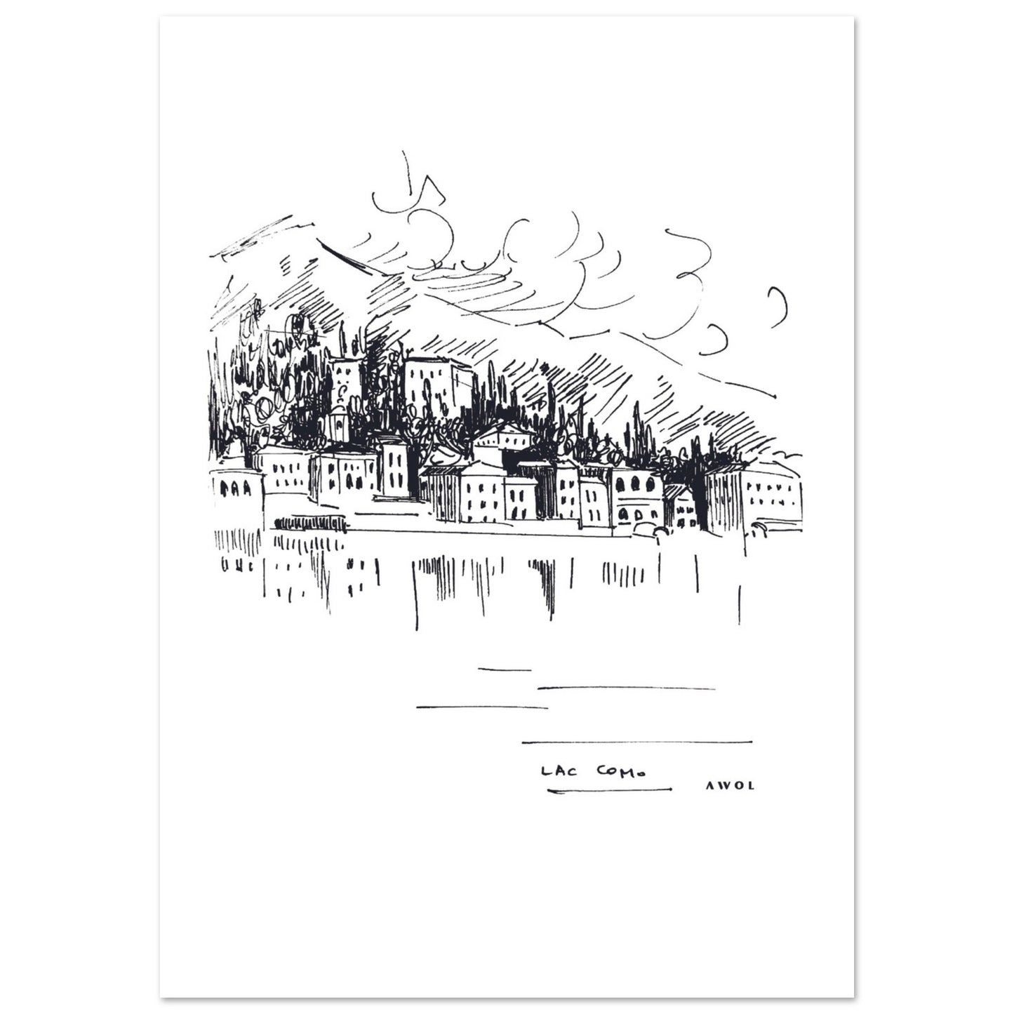 Lake Como, Italy Landscape Art With Mountain Town: Poster Print