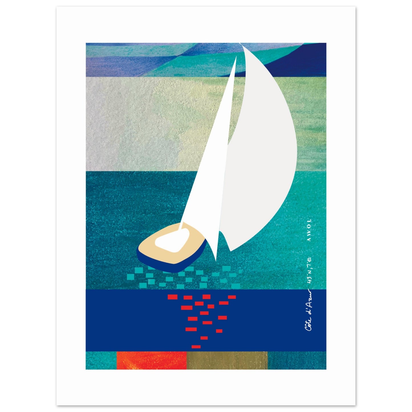White Sailboat At Sunset On The Sea With Graphic Reflection: French Rivera Aluminum Print