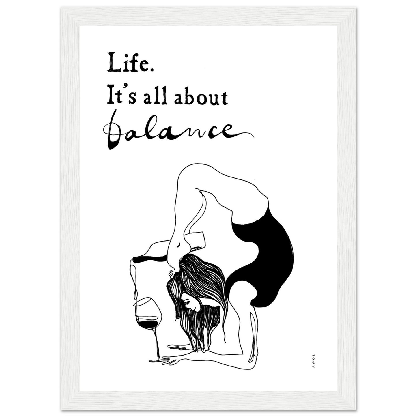 Yoga Art Print With Yoga Pose, Wine And Balance: Framed Art Print