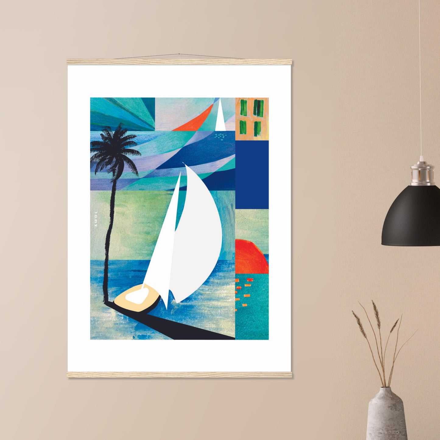 Colourful Sailing Art: Sea, Palm Tree And Orange Sun: Travel Poster with Hanger
