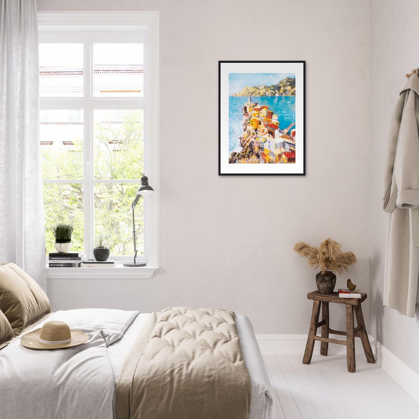 Colourful Town On A Cliff By The Sea In Italy: Italian Riviera Framed Art Print