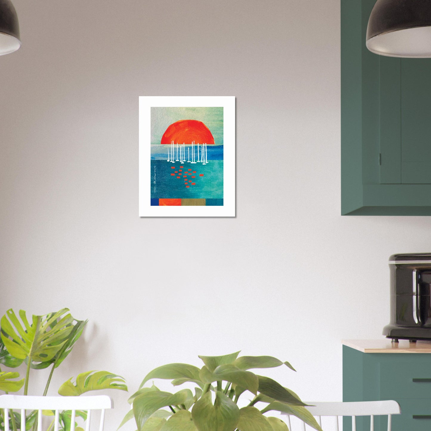 Orange Sunrise Over Blue Sea, Water Reflections And Sailboats: Poster Print