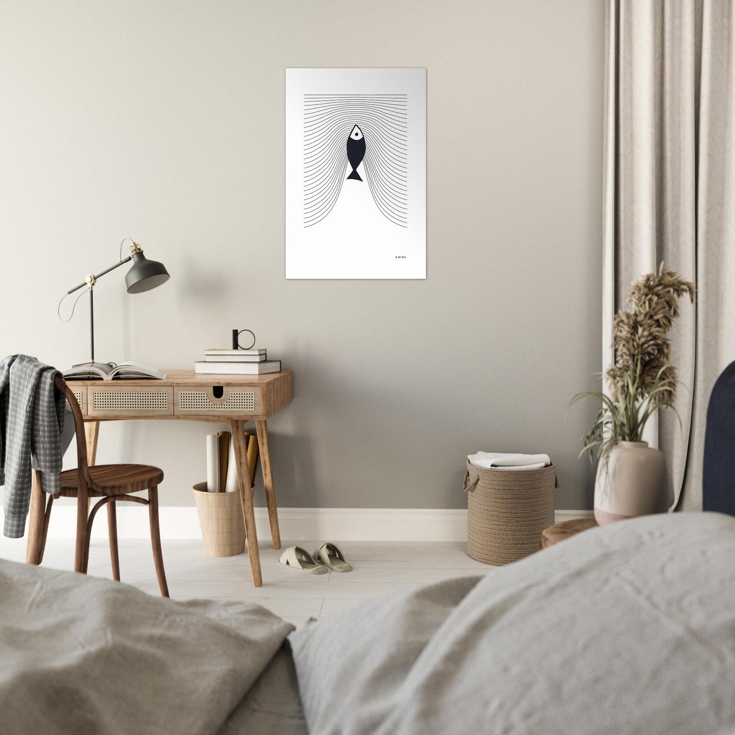 Minimalist Fish Art, Sardine Swimming In Abstract Sea: Scandinavian Poster Print