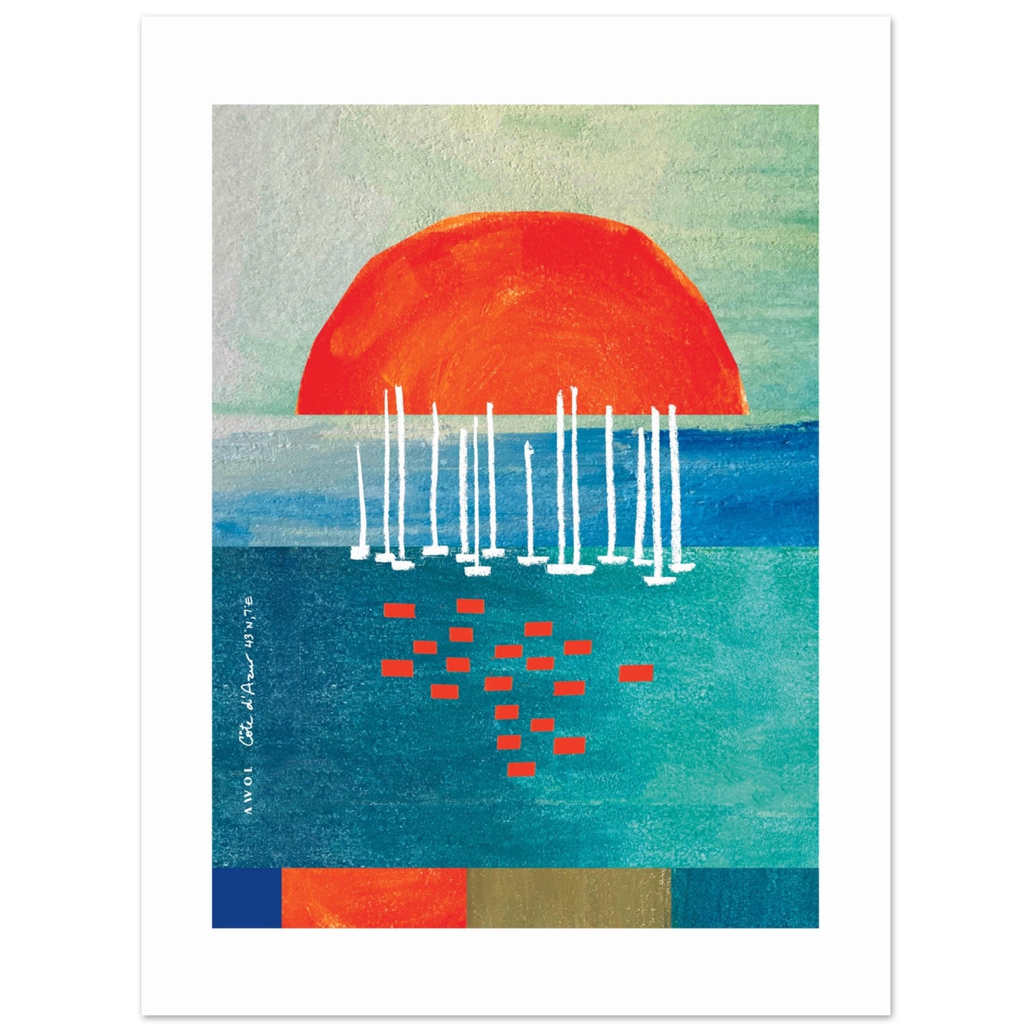 Orange Sunrise Over Blue Sea, Water Reflections And Sailboats: Poster Print