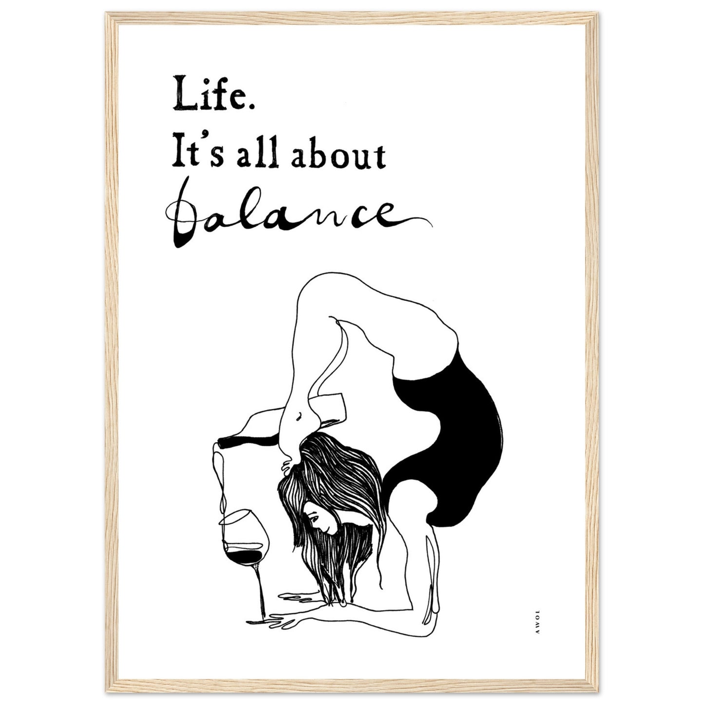 Yoga Art Print With Yoga Pose, Wine And Balance: Framed Art Print