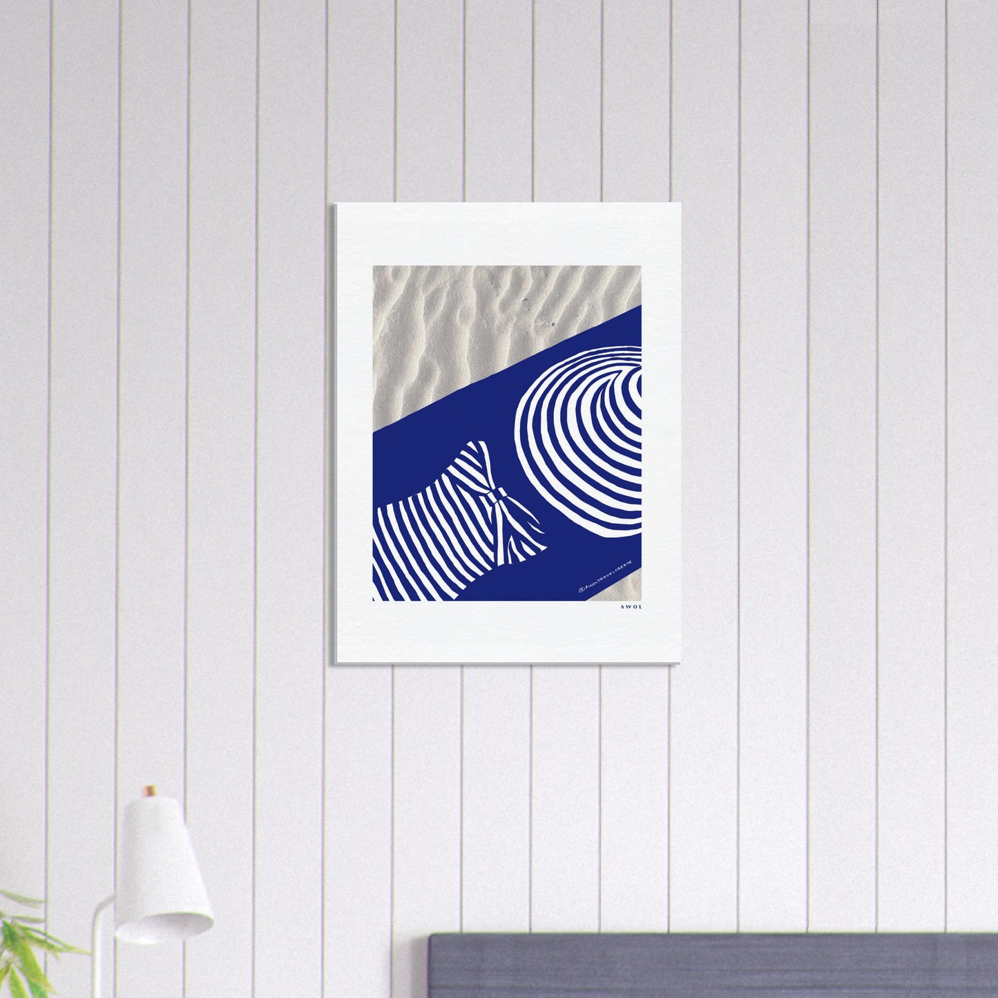 Woman Relaxing In And Oversized Beach Hat, And Striped Bathing Suit, Vacation Vibes, Modern Blue Canvas Art