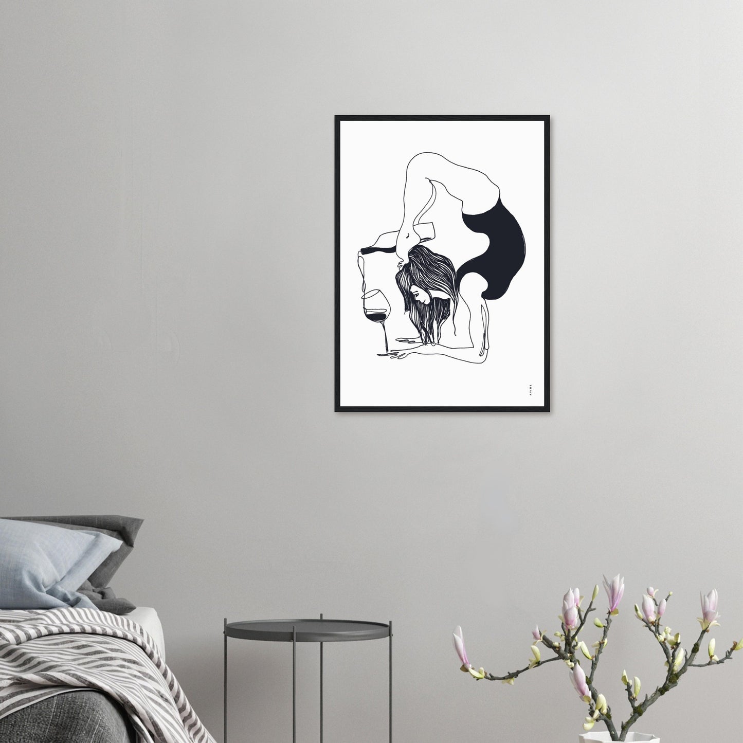 Funny Black And White Yoga Art Print In Wooden Frame With Wine And Balance Yoga Pose