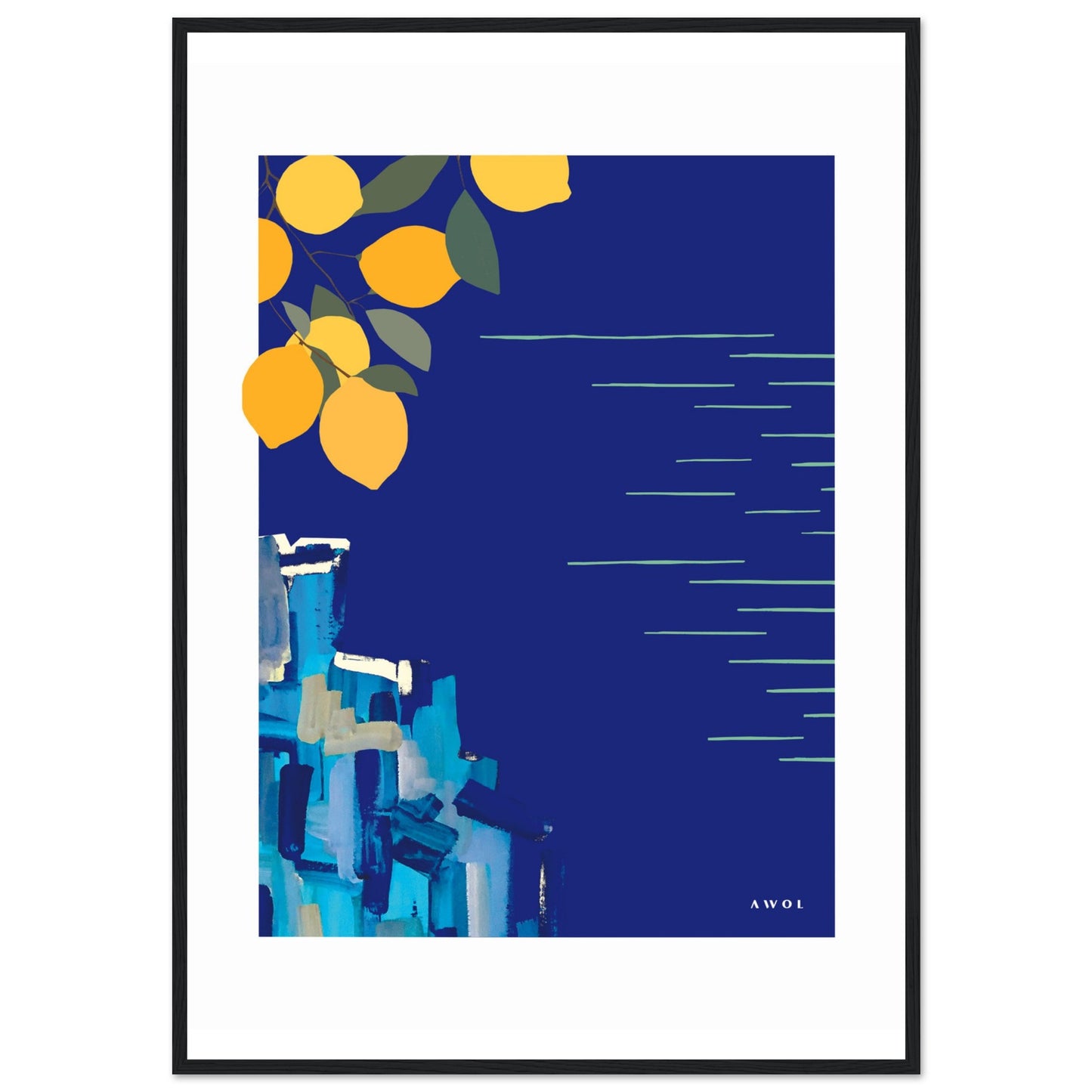 Mediterranean Blues: Landscape Art With Lemons By The Sea, Wooden Framed Art Print
