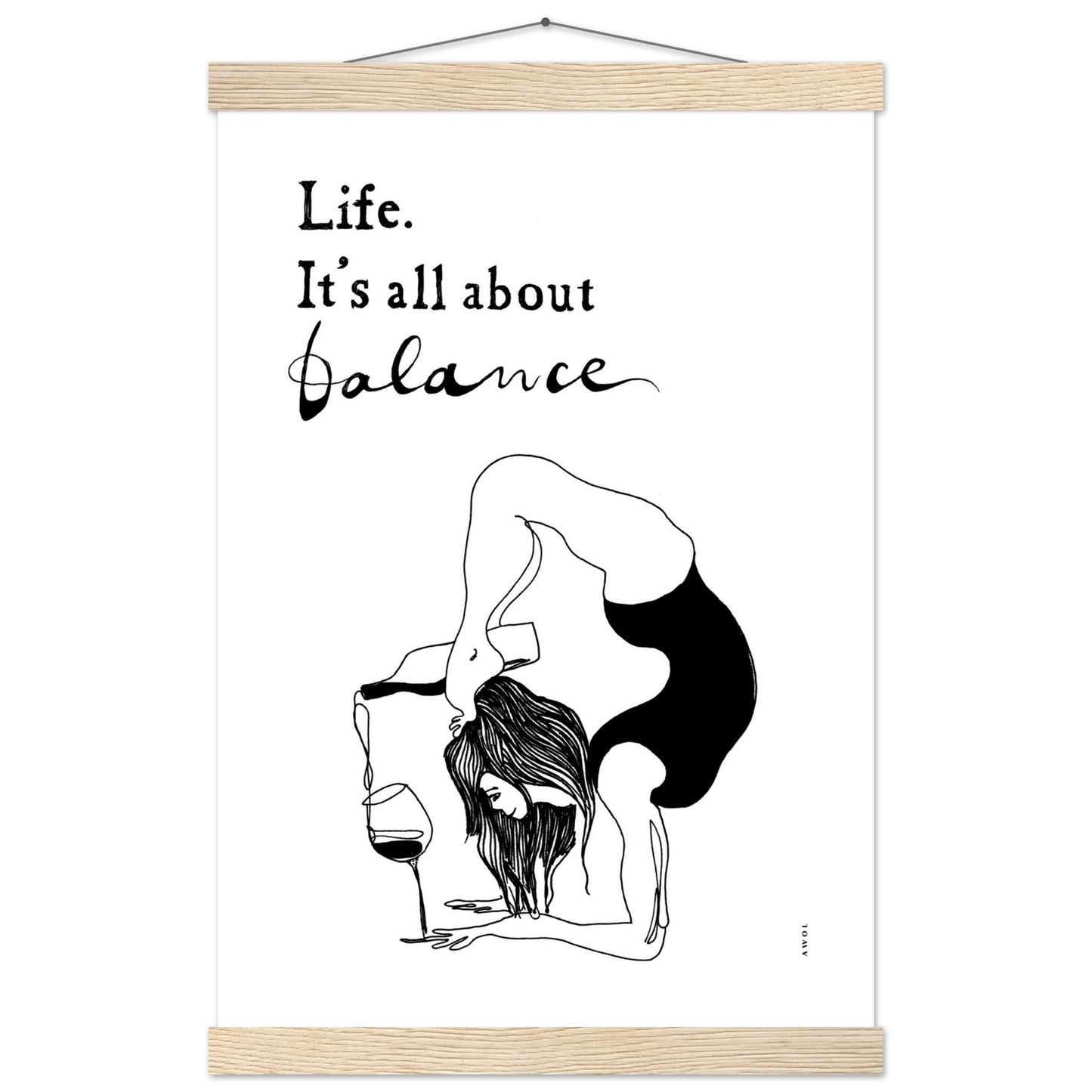 Funny Yoga Art Print With Spiritual Quote, Yoga Pose And Wine, Poster Print with Hanger