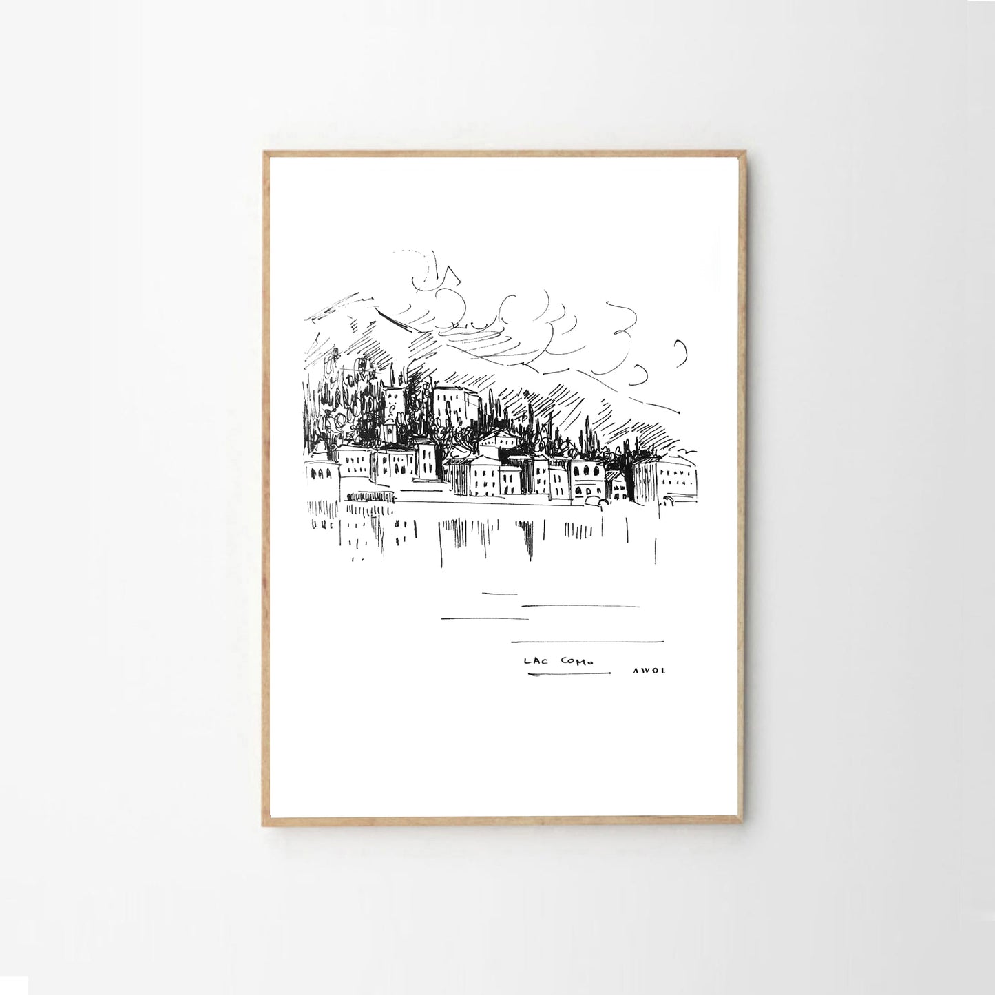 Lake Como, Italy Landscape Art With Mountain Town: Poster Print