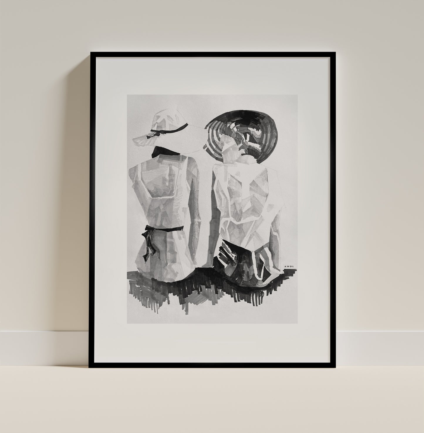 Women Sitting By The Sea: Black and White Large Canvas Art Print