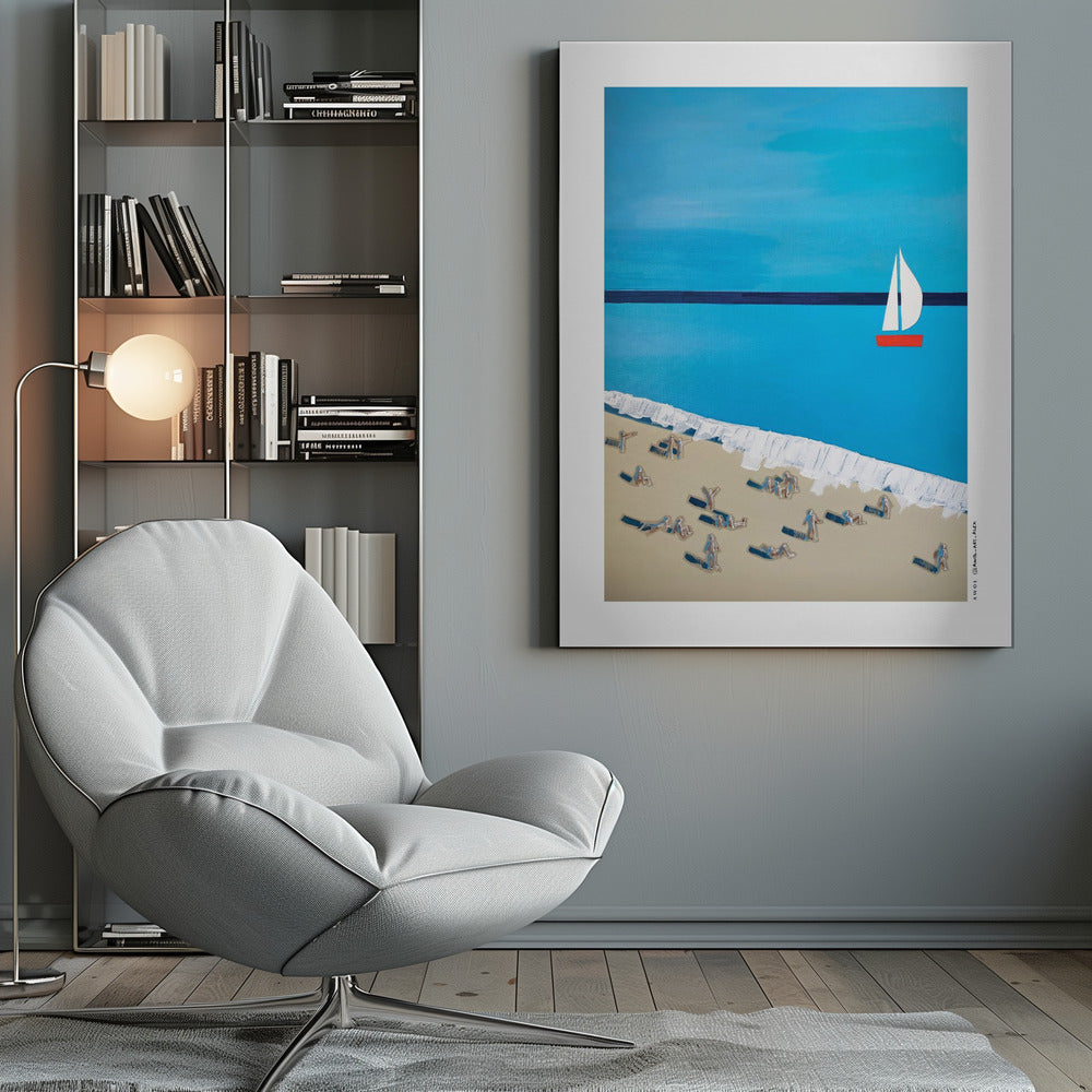 
                      
                        French Riviera Beach Poster – Minimalist Sailboat Art Print, Mid-Century Coastal Wall Art, Mediterranean Travel Decor with SunbathersFine Art Poster
                      
                    