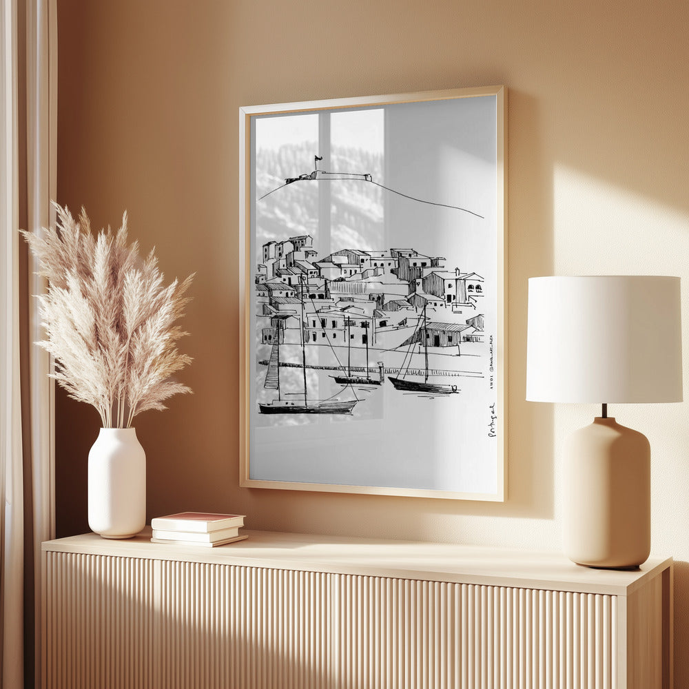
                      
                        Small Portugese Town Overlooking Spain With Sailboats: Fine Art Framed Poster
                      
                    