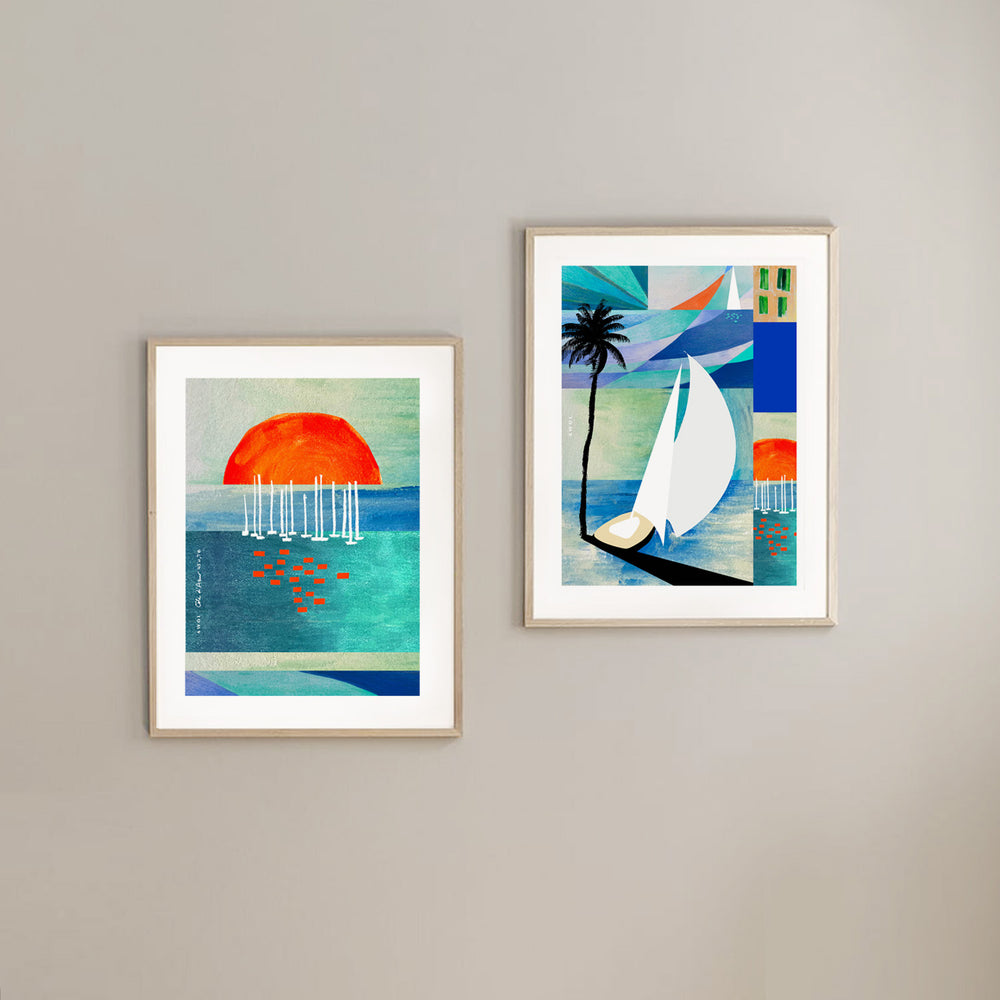 
                      
                        White Sailboat On Blue Sea At Sunrise, Palm Tree Art Print On Aluminum
                      
                    