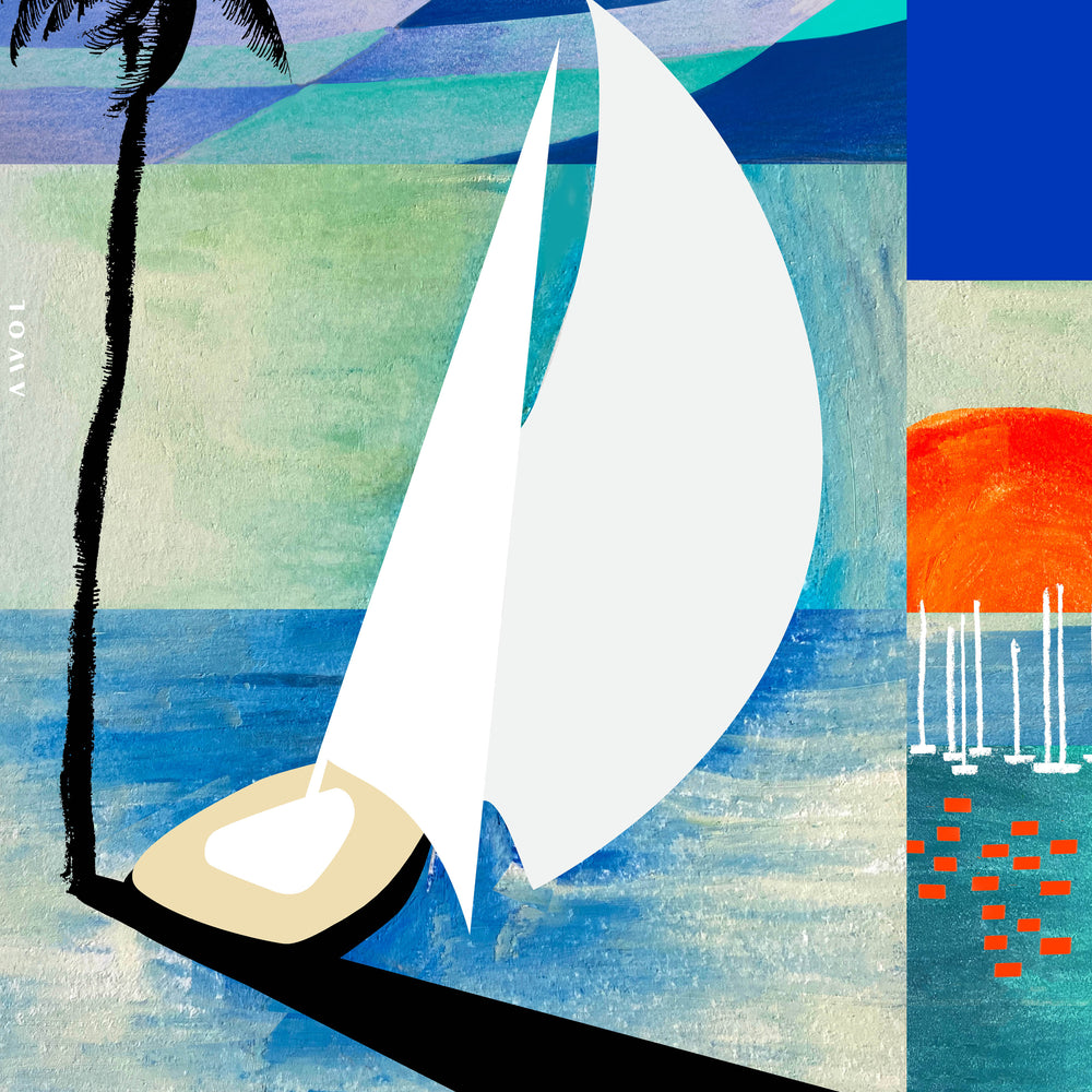 
                      
                        White Sailboat On Blue Sea At Sunrise, Palm Tree Art Print On Aluminum
                      
                    