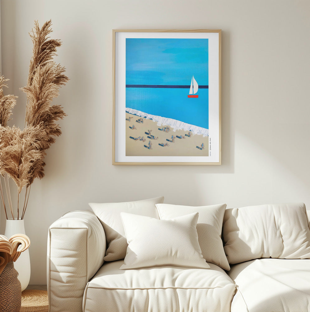 
                      
                        French Riviera Beach Poster – Minimalist Sailboat Art Print, Mid-Century Coastal Wall Art, Mediterranean Travel Decor with SunbathersFine Art Poster
                      
                    