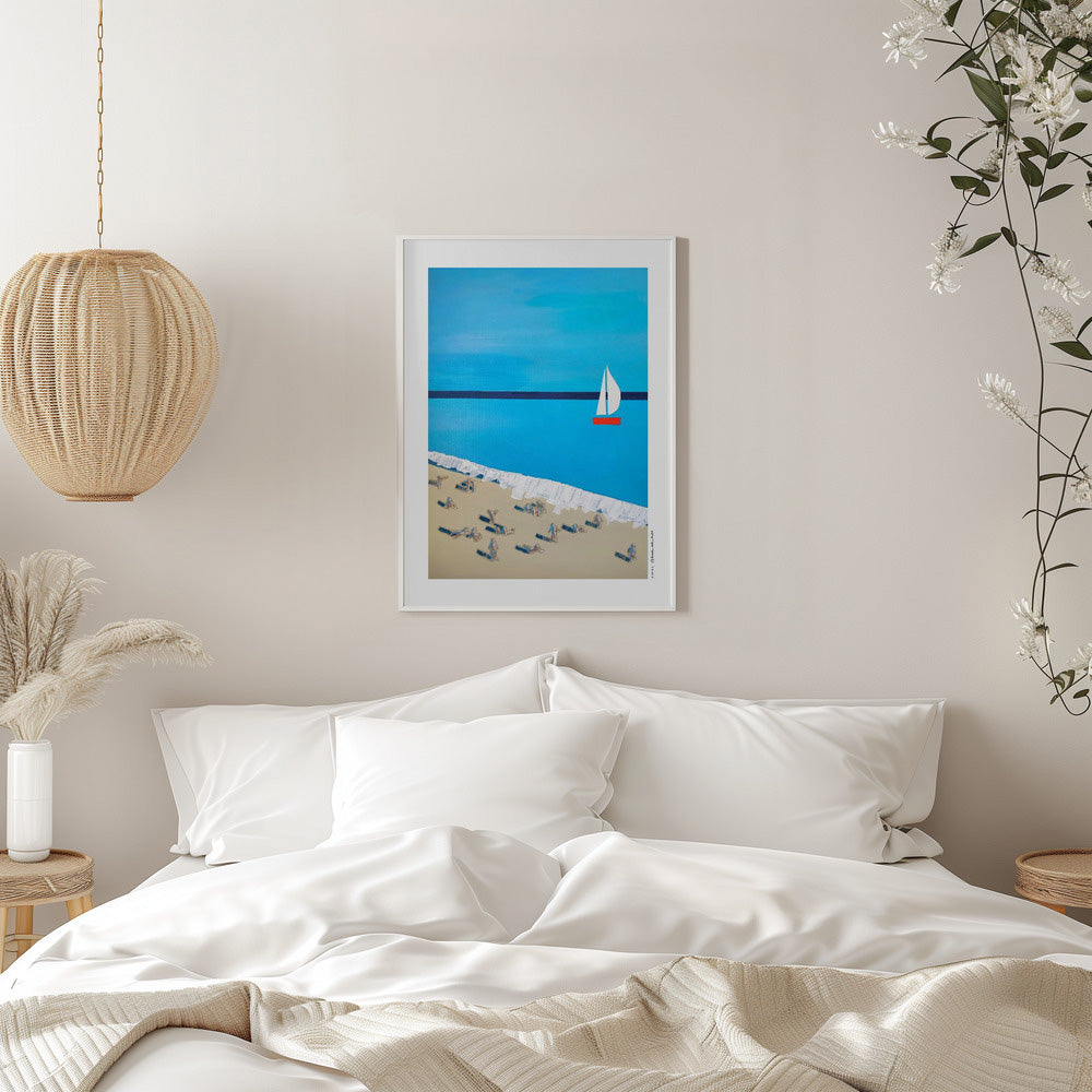 
                      
                        French Riviera Beach Poster – Minimalist Sailboat Art Print, Mid-Century Coastal Wall Art, Mediterranean Travel Decor with SunbathersFine Art Poster
                      
                    