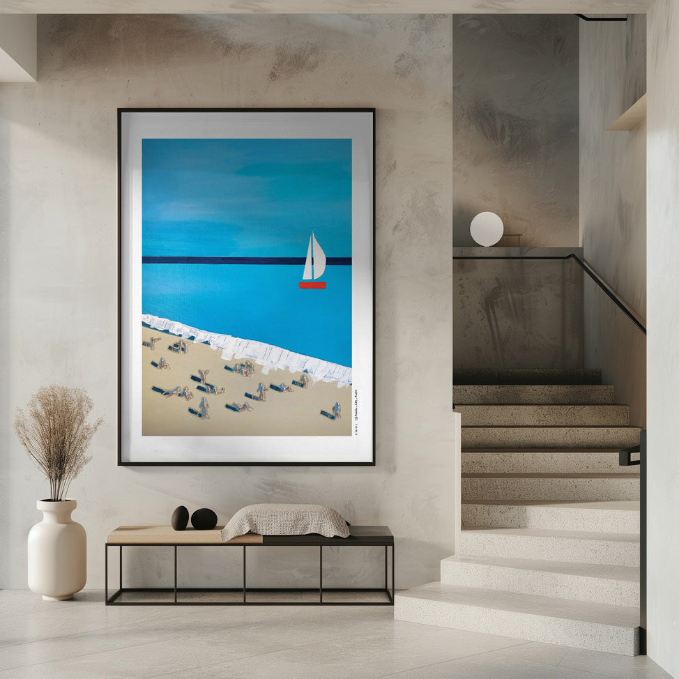 
                      
                        French Riviera Beach Poster – Minimalist Sailboat Art Print, Mid-Century Coastal Wall Art, Mediterranean Travel Decor with Sunbathers: Fine Art Wooden Framed Art Print
                      
                    