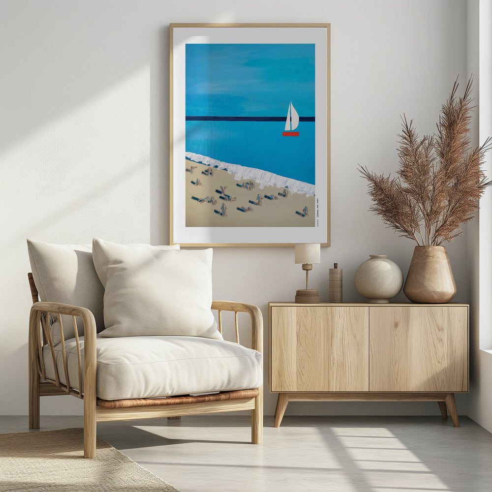 
                      
                        French Riviera Beach Poster – Minimalist Sailboat Art Print, Mid-Century Coastal Wall Art, Mediterranean Travel Decor with SunbathersFine Art Poster
                      
                    