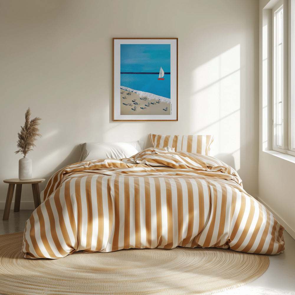 
                      
                        French Riviera Beach Poster – Minimalist Sailboat Art Print, Mid-Century Coastal Wall Art, Mediterranean Travel Decor with SunbathersFine Art Poster
                      
                    