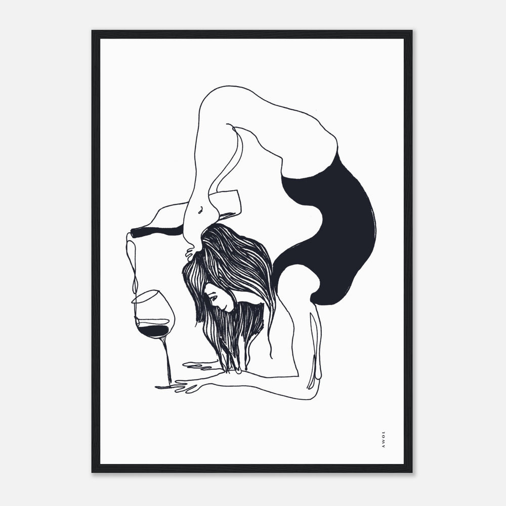 Funny Black And White Yoga Art Print In Wooden Frame With Wine And Balance Yoga Pose